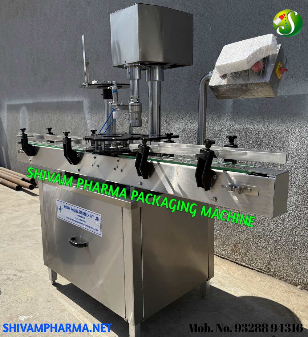 An automatic capping machine securing caps on bottles